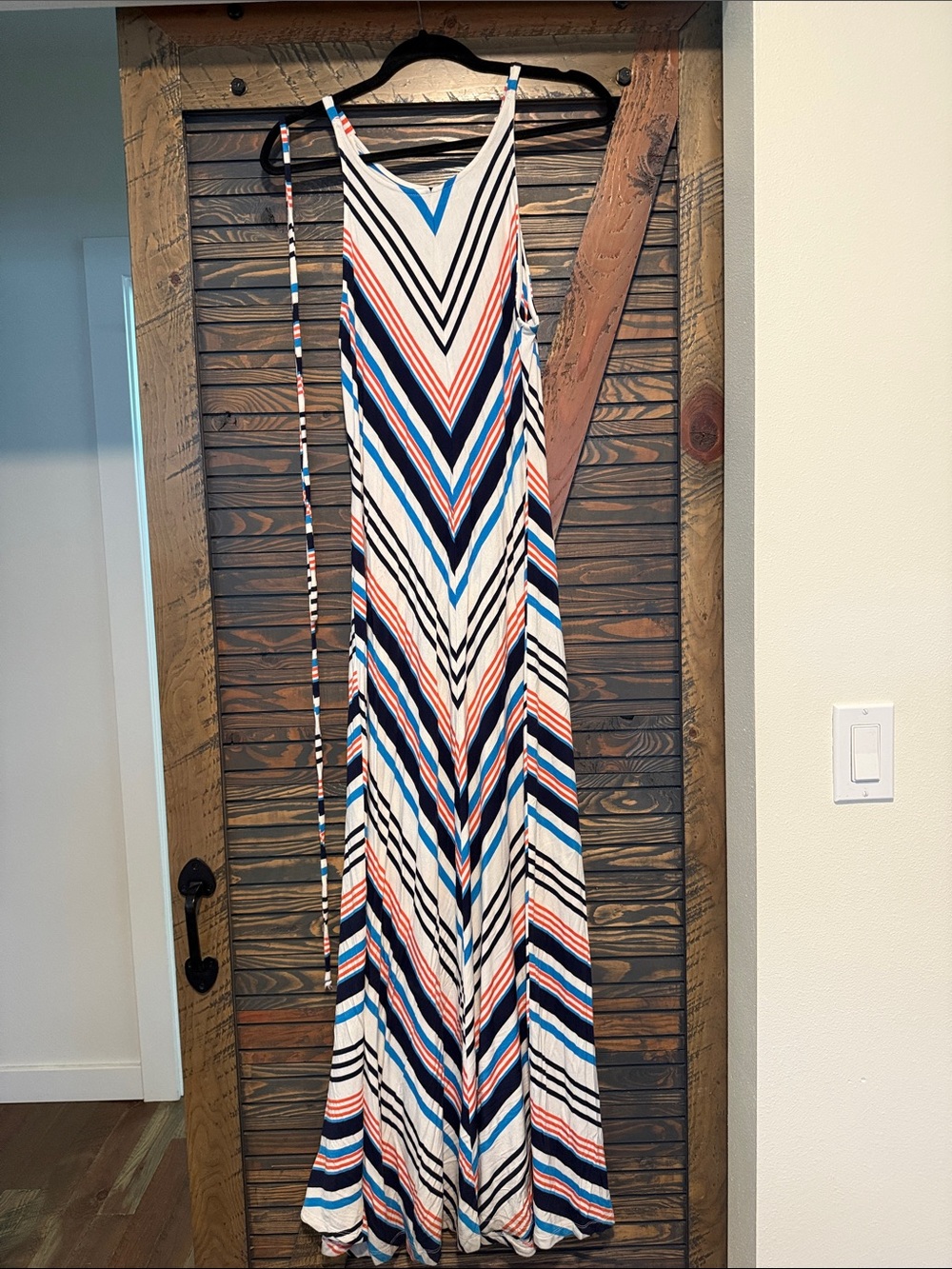 Old Navy Striped V-Neck Maxi Dress in White, Blue & Coral